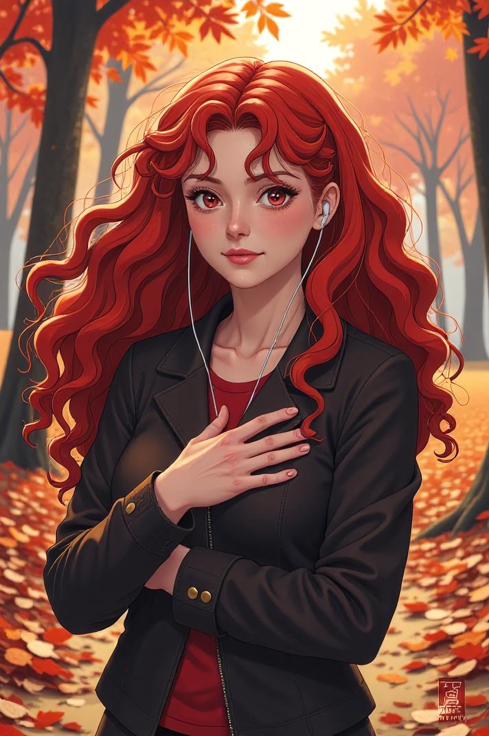 anime style masterpiece,best quality , Rachel Curly magenta hair, autumn