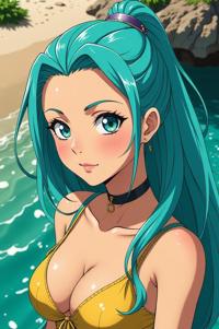 Anime style s Pointer Mix from Avatar universe, Bald aqua hair, summer, aerial view shot