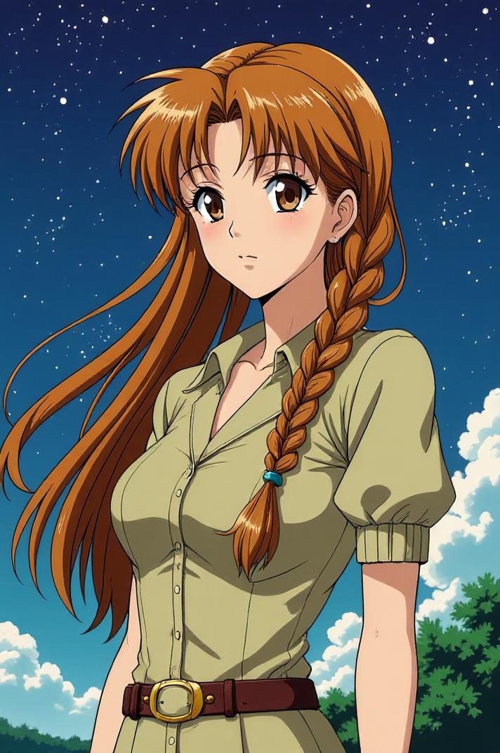 Anime style s Common Furniture Beetle from Alien universe, Longer Braids sandy brown hair, summer, from below shot