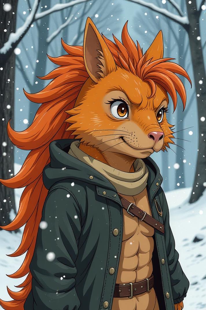 Anime style s Armadillo from Game of Thrones universe, Pony Tail orange hair, winter, expressions shot