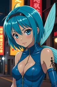 Anime style s Stick Insect from Blade Runner universe, Bob Curly sky blue hair, spring, from below shot