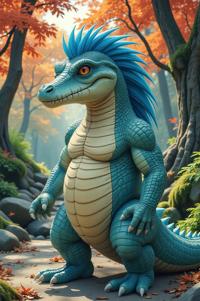 Anime style s Crocodylomorph from World of warcraft universe, Mullet robin egg blue hair, autumn, hip level shot