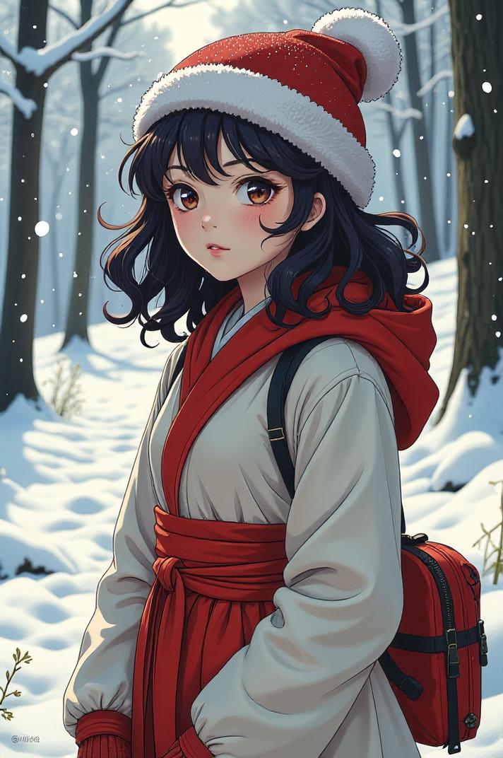 anime style masterpiece,best quality , Mullet Curly magnolia hair, winter