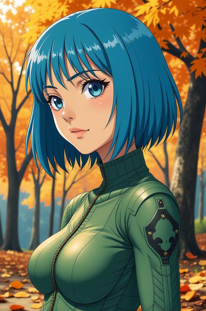 Anime style s Bolivian Anaconda from Mass Effect universe, Bob robin egg blue hair, autumn, looking away shot