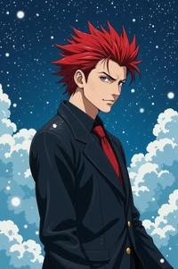 Anime style s Albatross from Man in black universe, Spikes scarlet hair, winter, from above shot