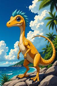 Anime style s Compsognathus from Alien universe, Center Parting azure hair, summer, from below shot