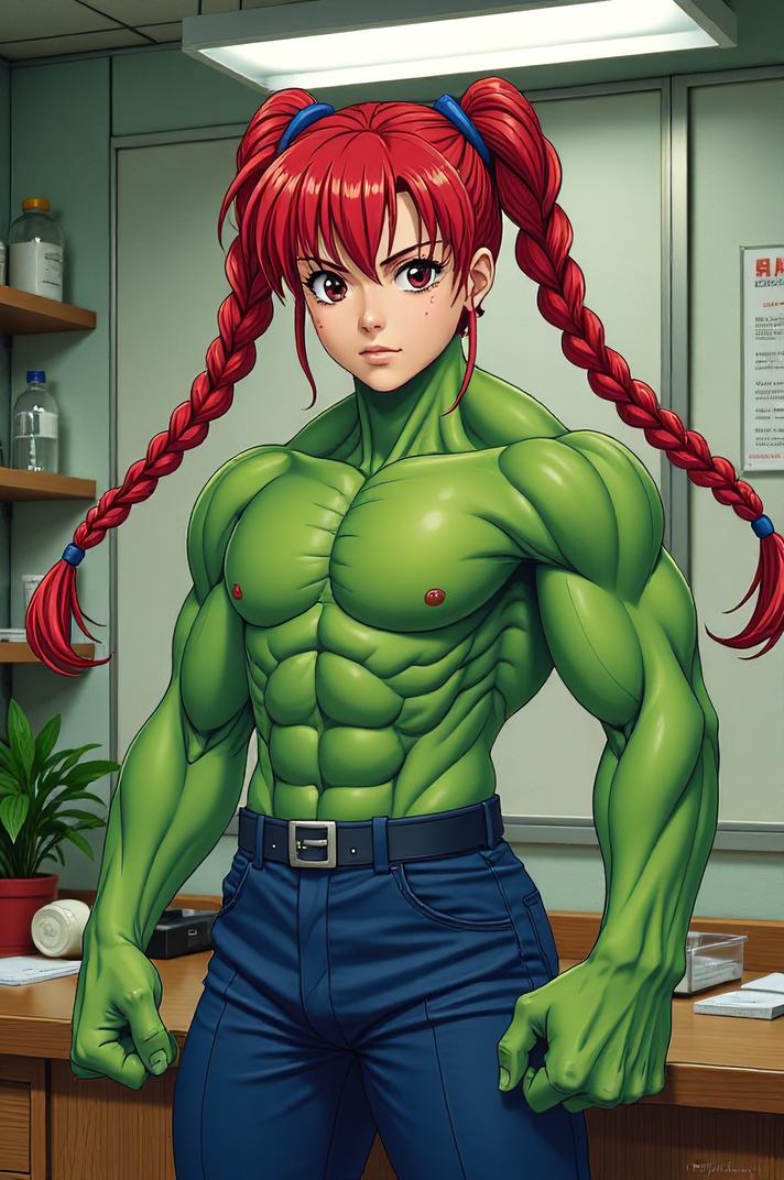 asian anime style marvel Hulk masterpiece,best quality , asian anime, Pony Tail Braids vermilion hair