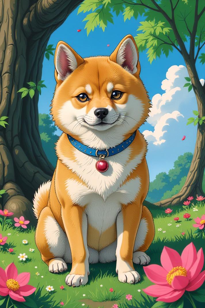 Anime style s Shiba Inu Mix from Alice s Adventures in Wonderland universe, Bald ecru hair, spring, from below shot