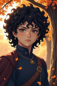 Anime style s Bassador from Game of Thrones universe, Top Curls bistre hair, autumn, looking away shot