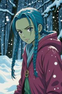 Anime style s Squid from Lord of the Rings universe, Cornrows indigo hair, winter, perspective shot