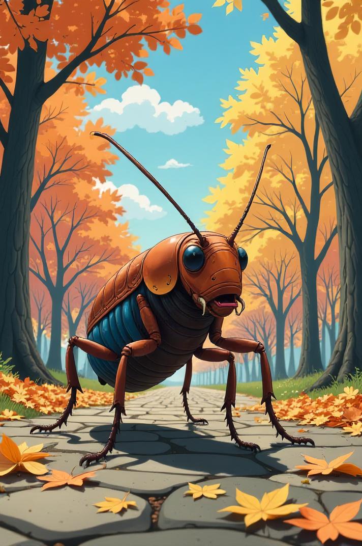 Anime style s Smokybrown Cockroach from Fifth Element universe, Bob sky blue hair, autumn, perspective shot