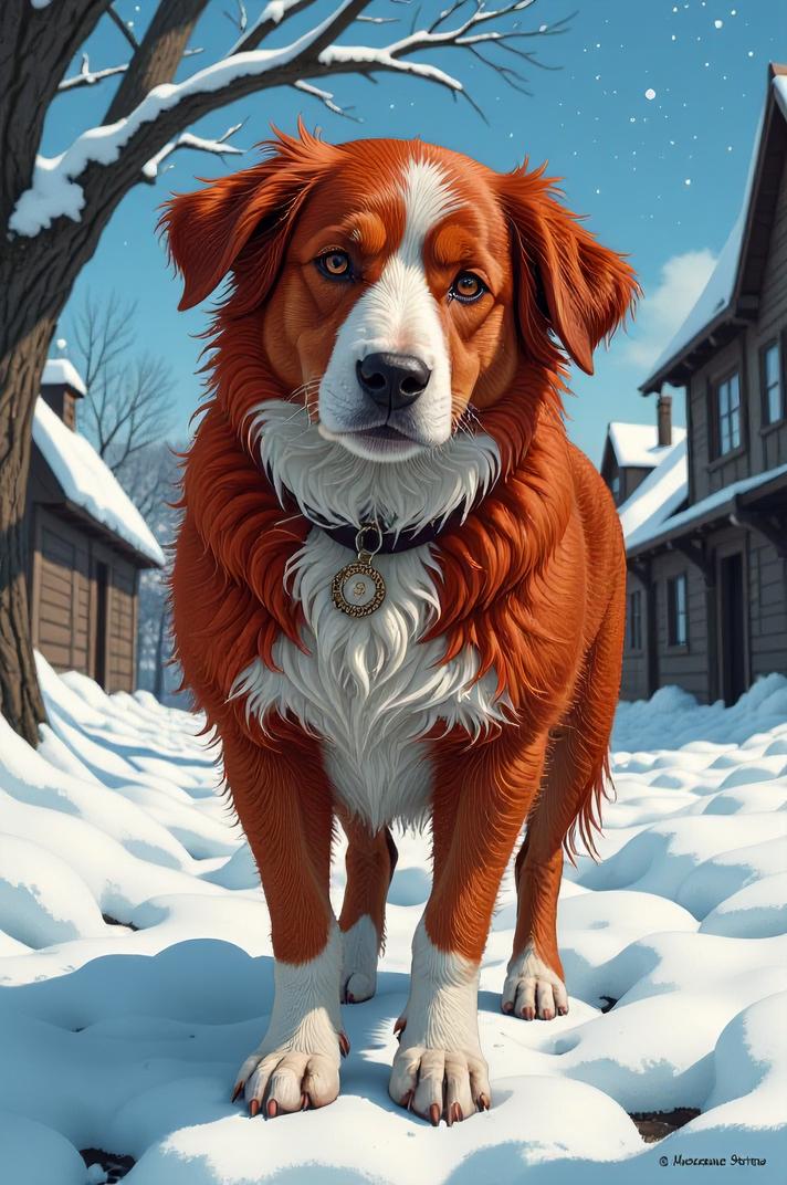 Anime style s Catalan Sheepdog from Harry Potter universe, Greased Back red hair, winter, perspective shot