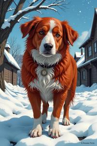 Anime style s Catalan Sheepdog from Harry Potter universe, Greased Back red hair, winter, perspective shot
