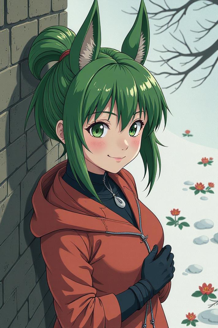 anime style masterpiece,best quality , Mullet spring green hair, winter
