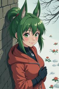 anime style masterpiece,best quality , Mullet spring green hair, winter