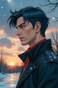 Anime style s Florida Gar from The Witcher universe, Flat Top plum hair, winter, low angle shot