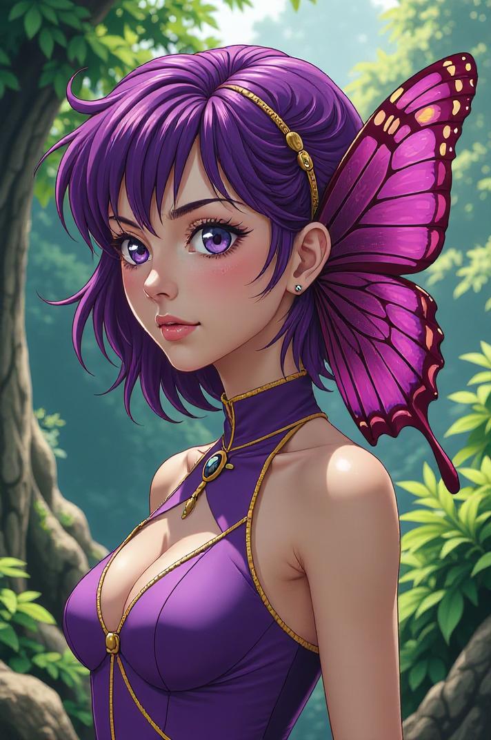 Anime style s Purple Emperor Butterfly from Star Trek universe, Over Eye sangria hair, summer, ground level shot