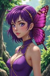 Anime style s Purple Emperor Butterfly from Star Trek universe, Over Eye sangria hair, summer, ground level shot