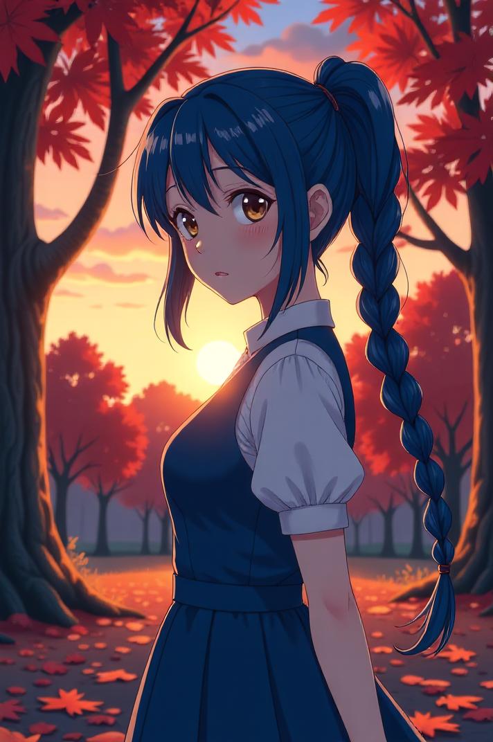 anime style masterpiece,best quality , Braids navy blue hair, autumn