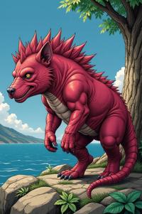 Anime style s Andrewsarchus from Lord of the Rings universe, Spikes hollywood cerise hair, spring, Front side back three views shot