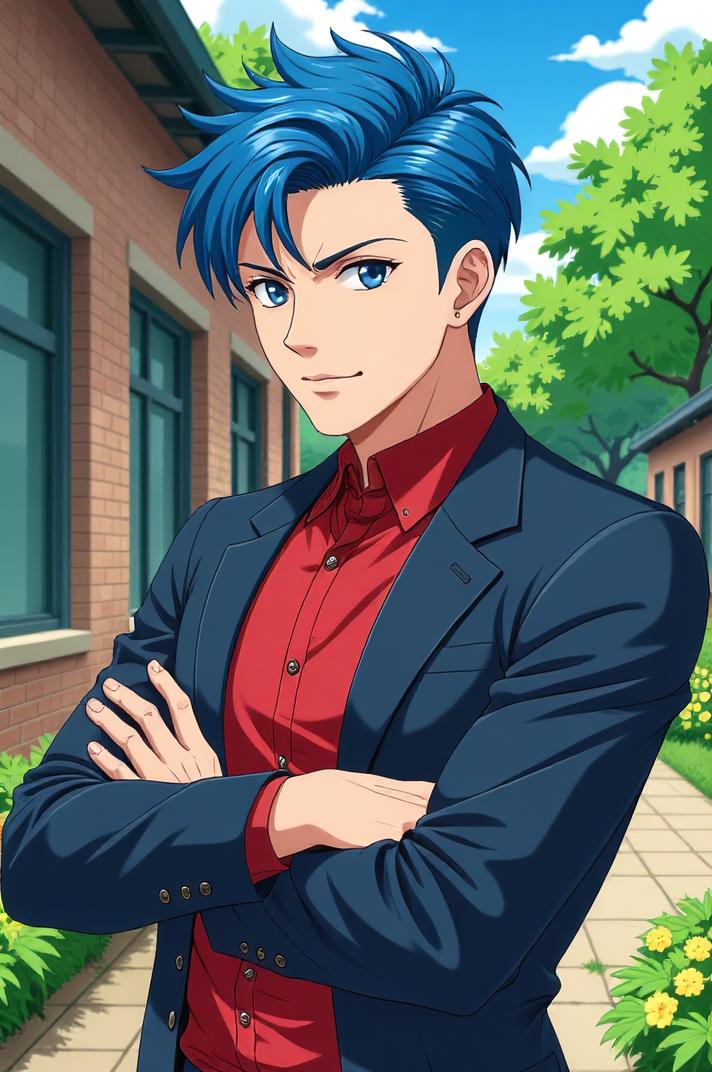 asian anime style marvel Nick Fury masterpiece,best quality , asian anime, Crew Cut prussian blue hair