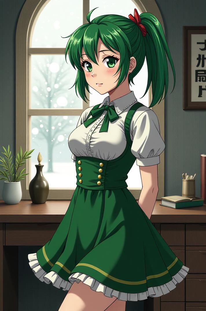 anime style masterpiece,best quality , Bob Curly office green hair, winter