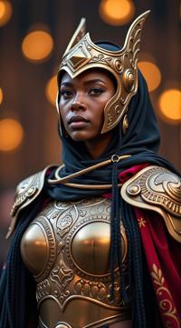 by alphonse mucha, loish and wlop, digital art, hip level shot of a wearing Ethiopian armor
