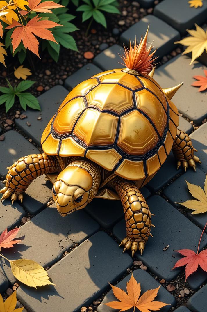 Anime style s Golden Tortoise Beetle from Lord of the Rings universe, Mohawk Spike plum hair, autumn, aerial view shot