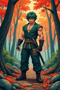 Anime style s Oilfish from Mortal kombat universe, Bob Curly pine green hair, autumn, ground level shot
