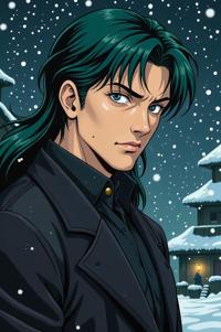Anime style s Volpino Italiano from Man in black universe, Right Parting malachite hair, winter, shoulder level shot