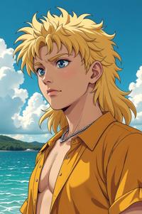 Anime style s White Catfish from Terminator universe, Mullet Curly school bus yellow hair, summer, low angle shot