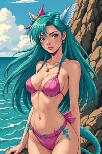 Anime style s Dragonfish from DC Comics universe, Grungey Parted aqua hair, summer, perspective shot
