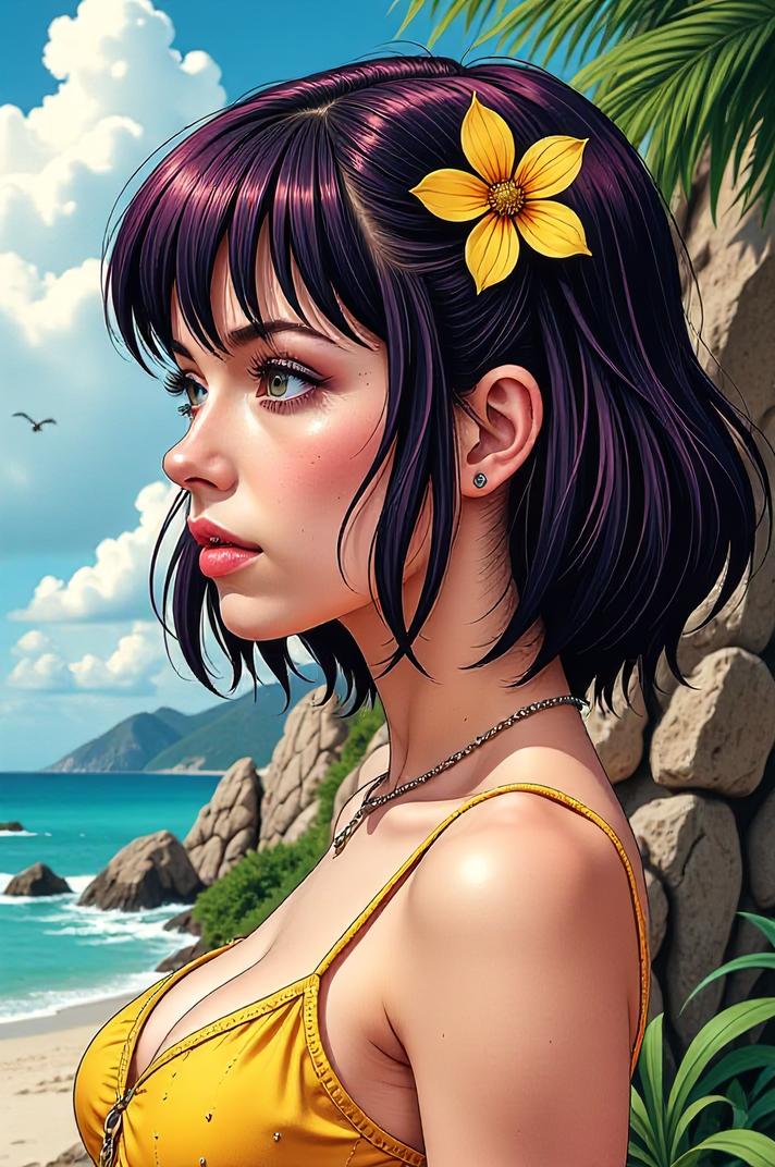 Anime style s Gypsy Cuckoo Bumblebee from Mass Effect universe, Flat Top hollywood cerise hair, summer, Front side back three views shot