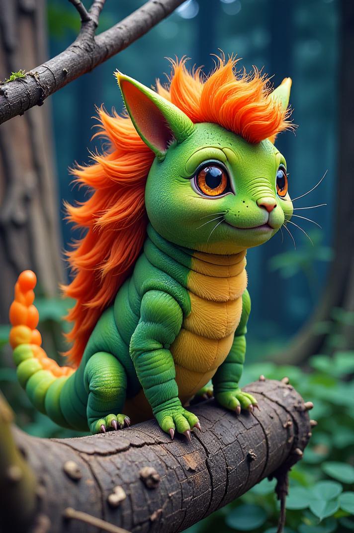 Anime style s Saddleback Caterpillar from The Dark Tower universe, Mullet Curly carrot orange hair, spring, hip level shot