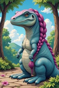 Anime style s Iguanodon from Alice s Adventures in Wonderland universe, Long Braids periwinkle hair, summer, looking away shot