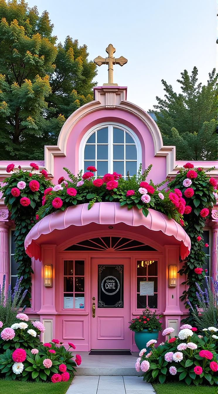 building, architecture of an ice cream stand, dense flora and flowers, stylized by Hector Guimard