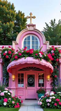 building, architecture of an ice cream stand, dense flora and flowers, stylized by Hector Guimard