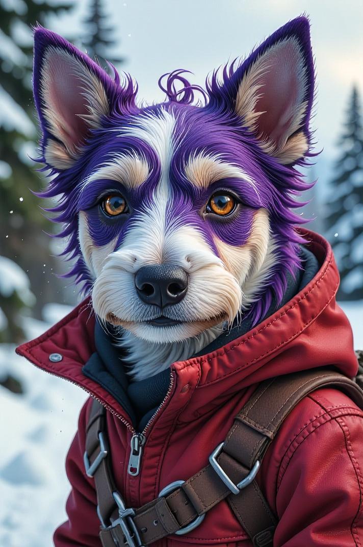 Anime style s Russell Terrier from Warhammer , universe, Lob Curly violet hair, winter