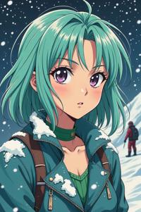 Anime style s White Marlin from Doom universe, Grungey mint green hair, winter, expressions shot