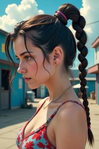 Anime style s Frilled Shark from Blade Runner universe, Pony Tail Braids corn hair, summer, perspective shot