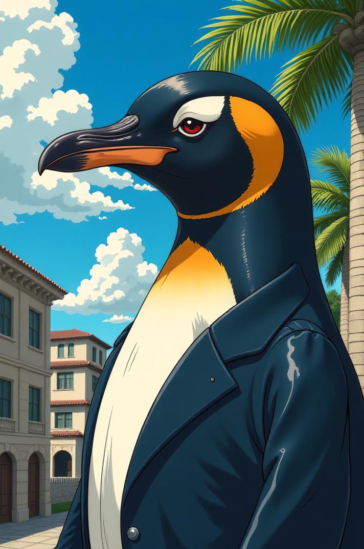 Anime style s Royal Penguin from John Wick universe, Over Left Eye seashell hair, summer, low angle shot