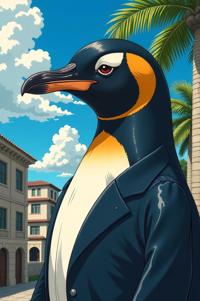 Anime style s Royal Penguin from John Wick universe, Over Left Eye seashell hair, summer, low angle shot