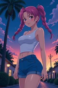anime style masterpiece,best quality , Pony Tail Braids mauve hair, summer