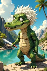 Anime style s Dwarf Crocodile from Fargo universe, Buzz Cut navajo white hair, summer, perspective shot