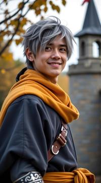 photograph, pleasant Guy , sieging a Castle, he is wearing a headwear