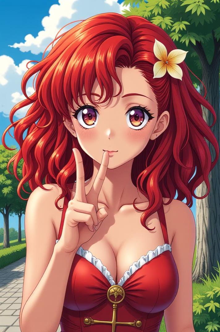 anime style masterpiece,best quality , Lob Curly red hair, summer