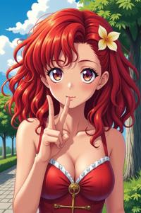 anime style masterpiece,best quality , Lob Curly red hair, summer