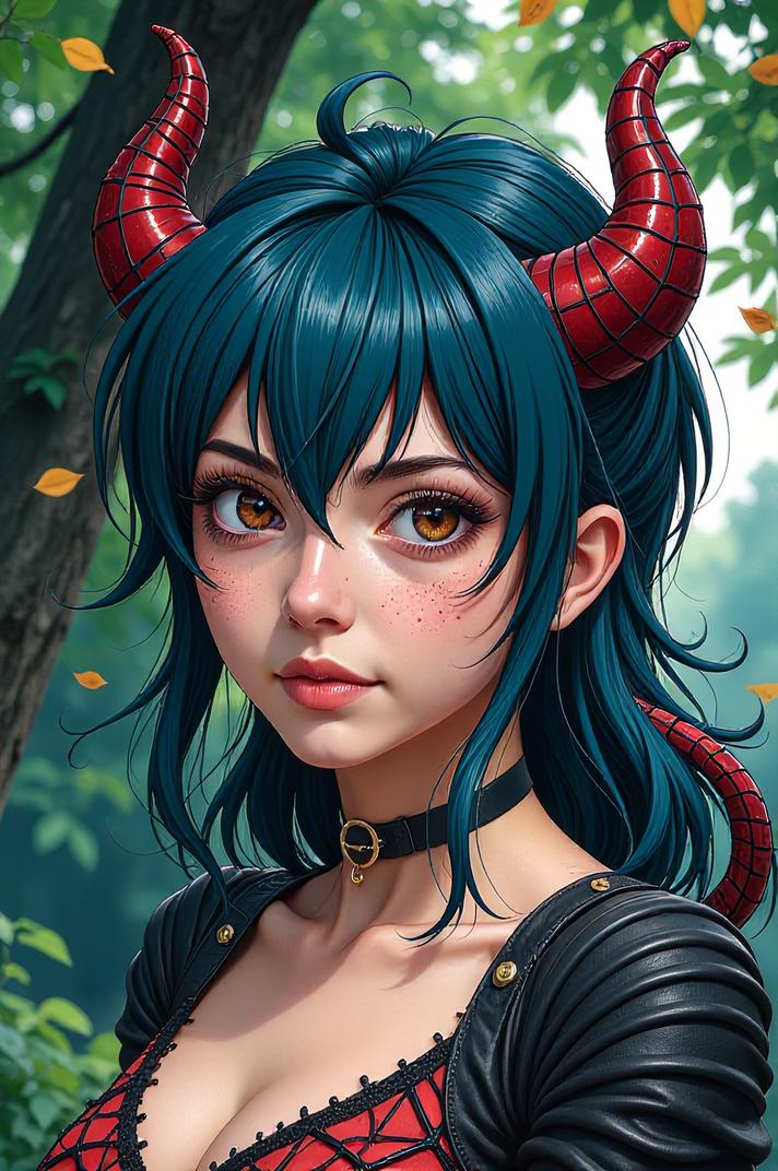 Anime style s Spider Tailed Horned Viper from Narcos universe, Over Eye midnight blue hair, autumn, expressions shot