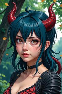 Anime style s Spider Tailed Horned Viper from Narcos universe, Over Eye midnight blue hair, autumn, expressions shot