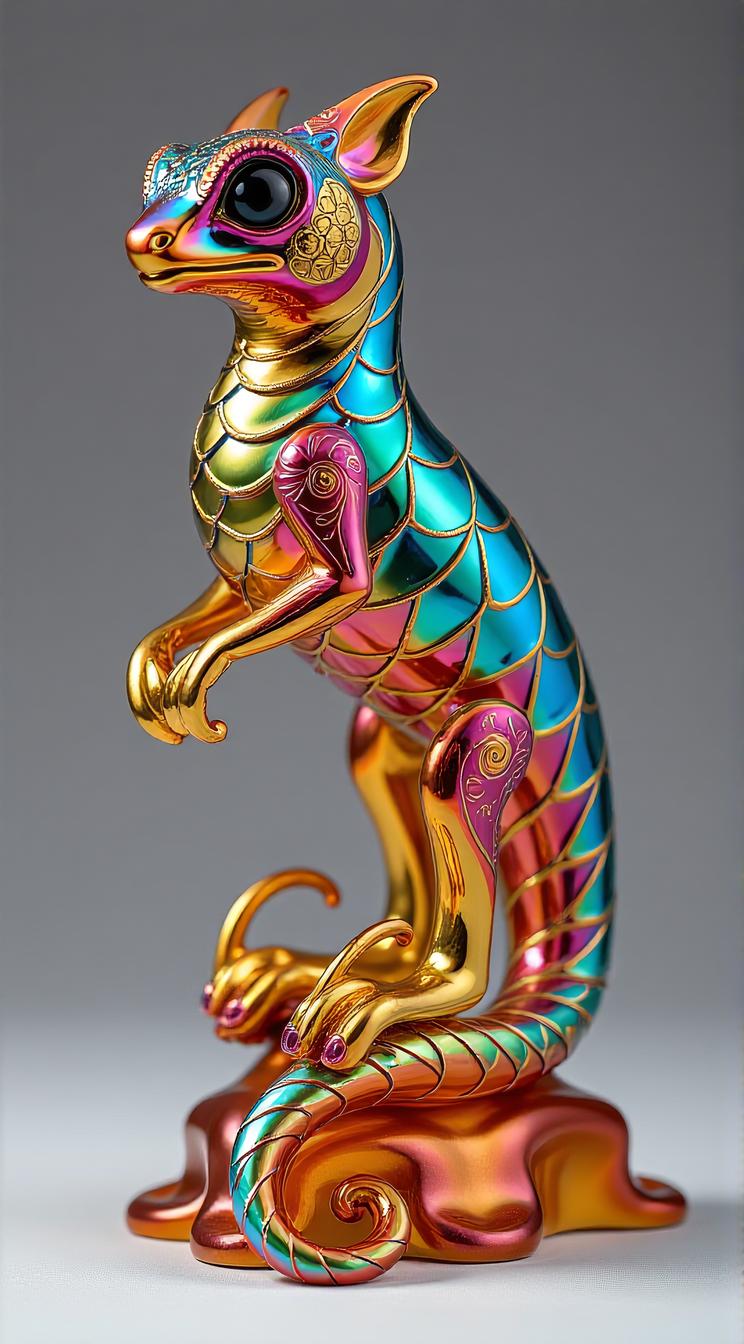 A sculpture made of Carnival glass, pretty Scalelord , Iridescent surfaces, vibrant colors